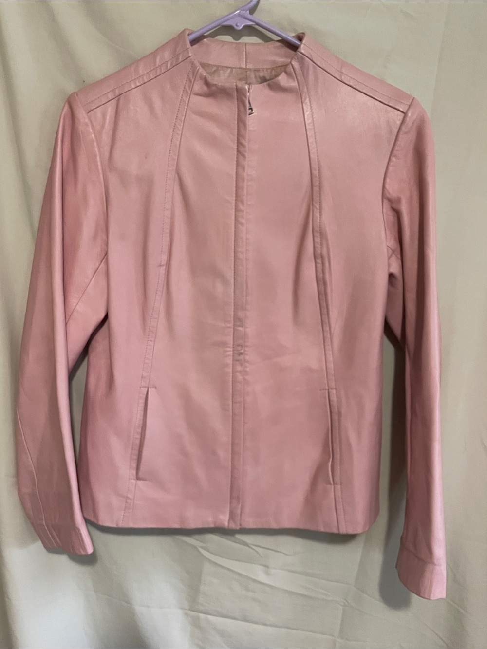 Y2K Alfani Womenโs Pink 100% Leather Zip-Front Jacket.